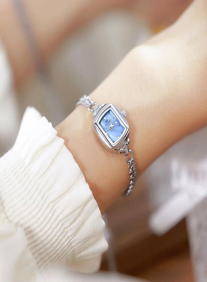 FANMIS Women Classic Vintage Bangle-Style Wristwatch Dainty Small Dial Watch Luxury Dress Gold Bracelet Watch Ladies Minimalist Design Square Wrist Watches (Silver Blue) - Image 4